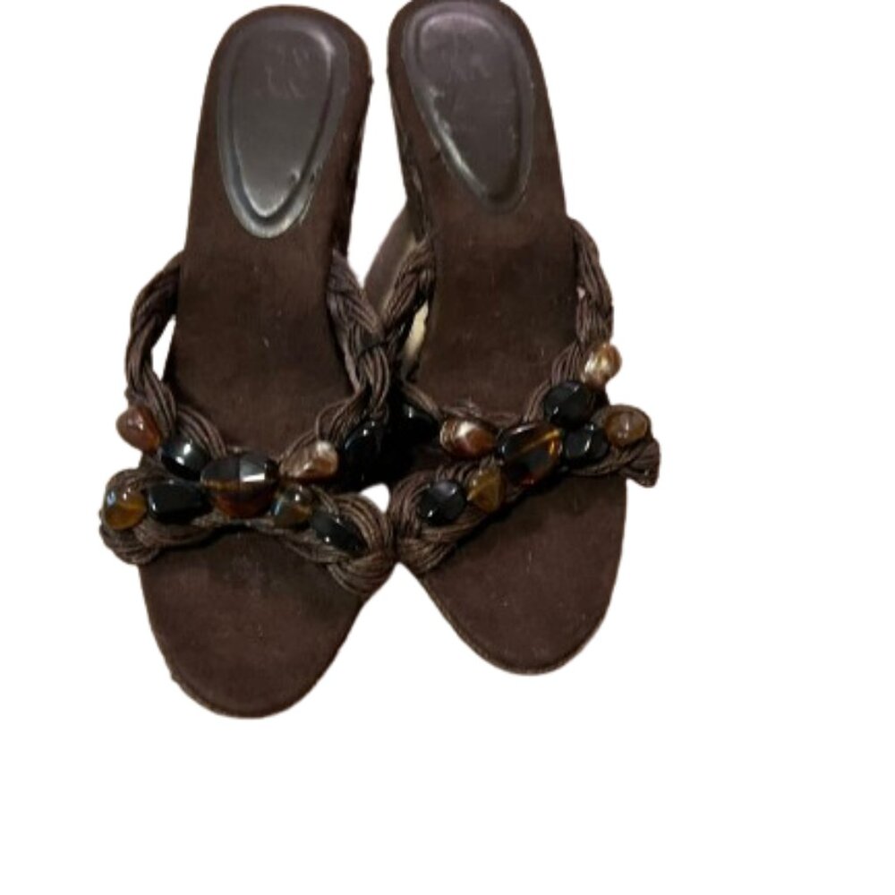 New York & Co Brown Sandal Wedge Slides - Stone Embellishments - Size 9